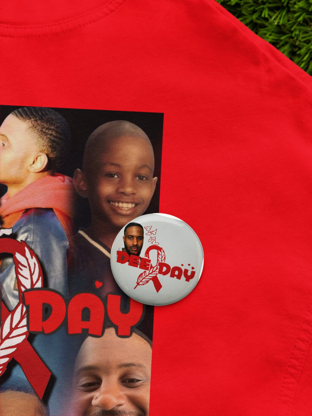 A round photo button pinned to a red t-shirt, printed with a family photograph.